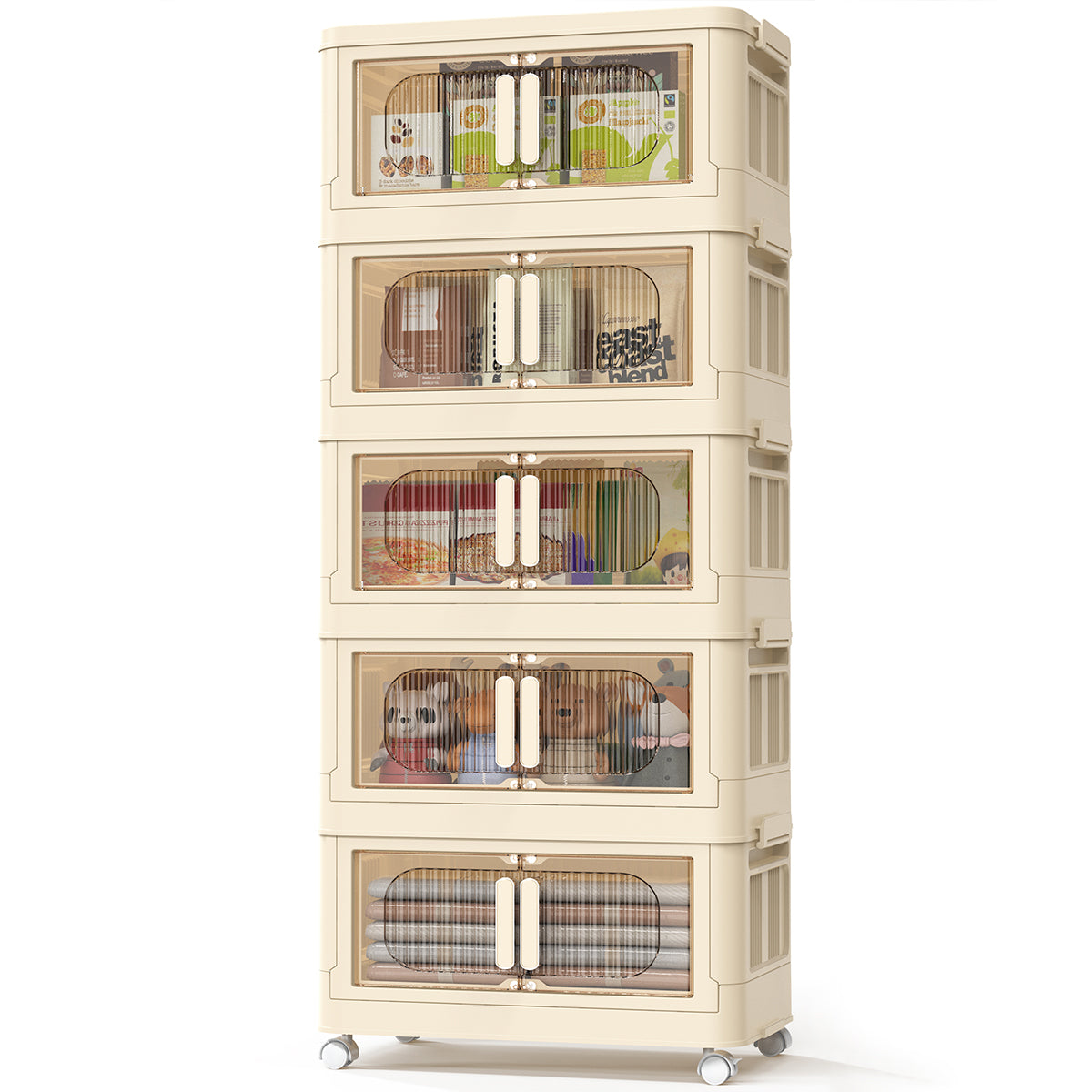TNTANTS 5 Tiers Stackable Storage Bins with Wheels, Magnetic Dual Open Collapsible Storage Container with Lids, 125QT Folding Storage Box Bins for Closet Organizers, Home and Office, Beige