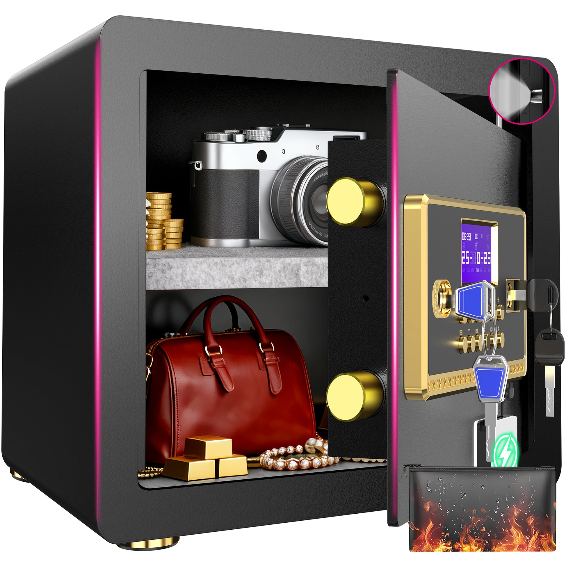 SYSENFO 1.5 Cuft Safe Box, Digital Keypad Home Security Safe With Fireproof Waterproof Bag & Adjustable Shelf