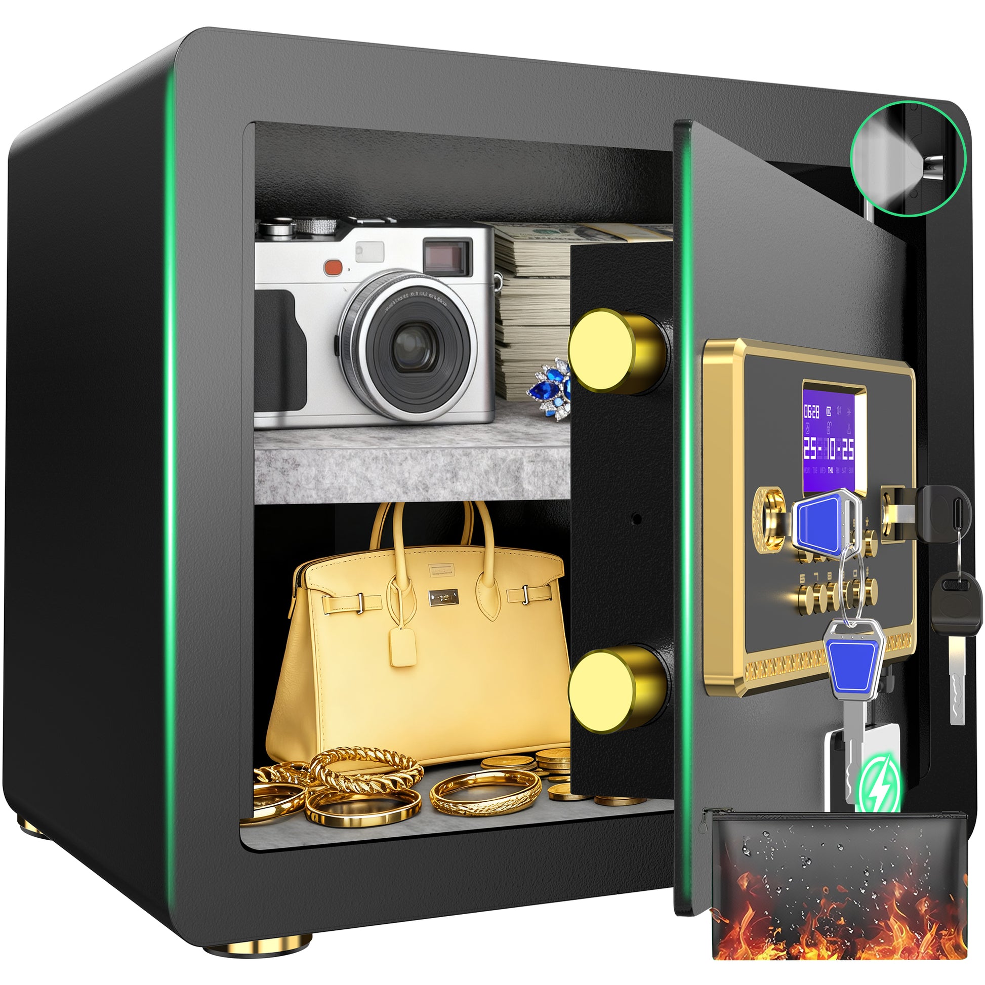 SYSENFO 1.5 Cuft Safe Box, Digital Keypad Home Security Safe With Fireproof Waterproof Bag & Adjustable Shelf