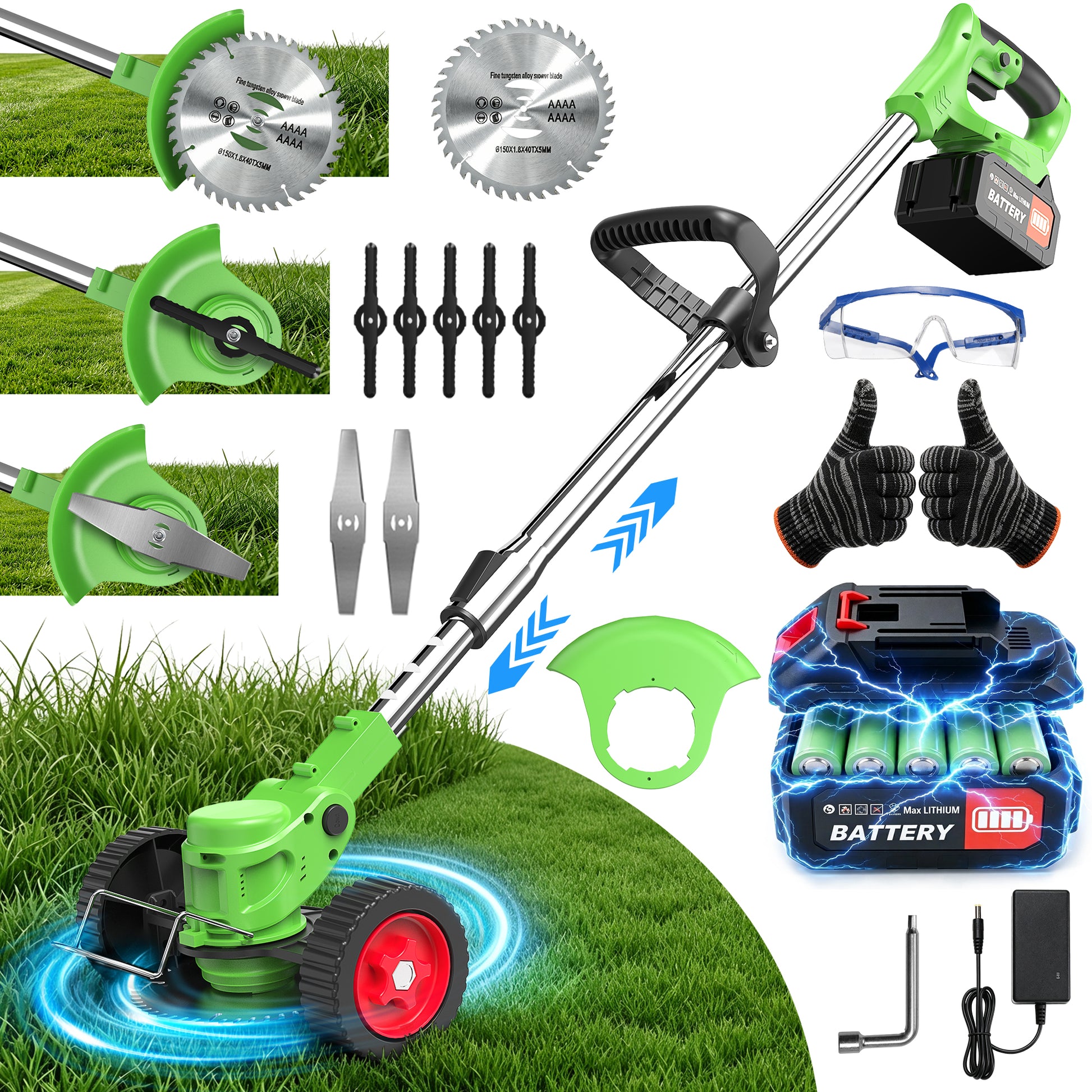 TNTANTS Weed Wacker Cordless, 3-in-1 Lightweight Electric String Trimmer with 3 Types of Blades, Wheels, 24V Battery, Weed Eater Grass Trimmer/Edger/Brush Cutter for Lawn Yard Garden (Green)