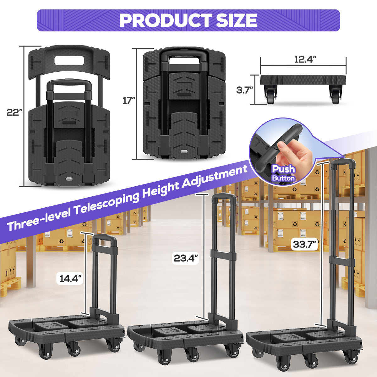 TNTANTS Hand Truck, 500 LB Heavy Duty Portable Dolly, Folding Dolly Cart with 6 Wheels & 3 Elastic Ropes for Luggage, Travel, Moving, Shopping, Office Use, Black