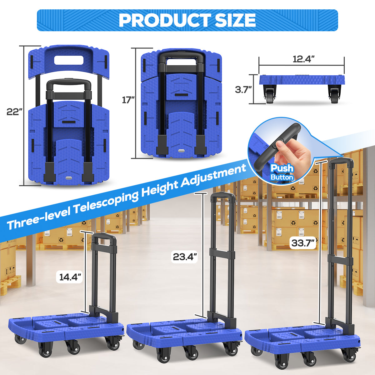 TNTANTS Hand Truck, 500 LB Heavy Duty Portable Dolly, Folding Dolly Cart with 6 Wheels & 3 Elastic Ropes for Luggage, Travel, Moving, Shopping, Office Use, Blue