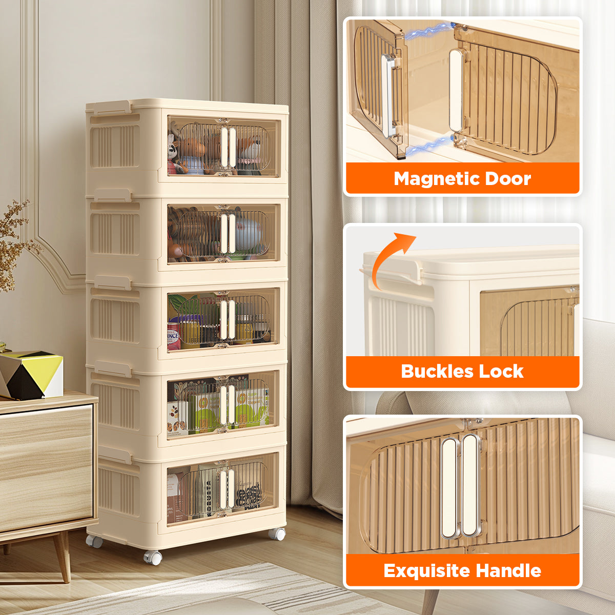 TNTANTS 5 Tiers Stackable Storage Bins with Wheels, Magnetic Dual Open Collapsible Storage Container with Lids, 125QT Folding Storage Box Bins for Closet Organizers, Home and Office, Beige
