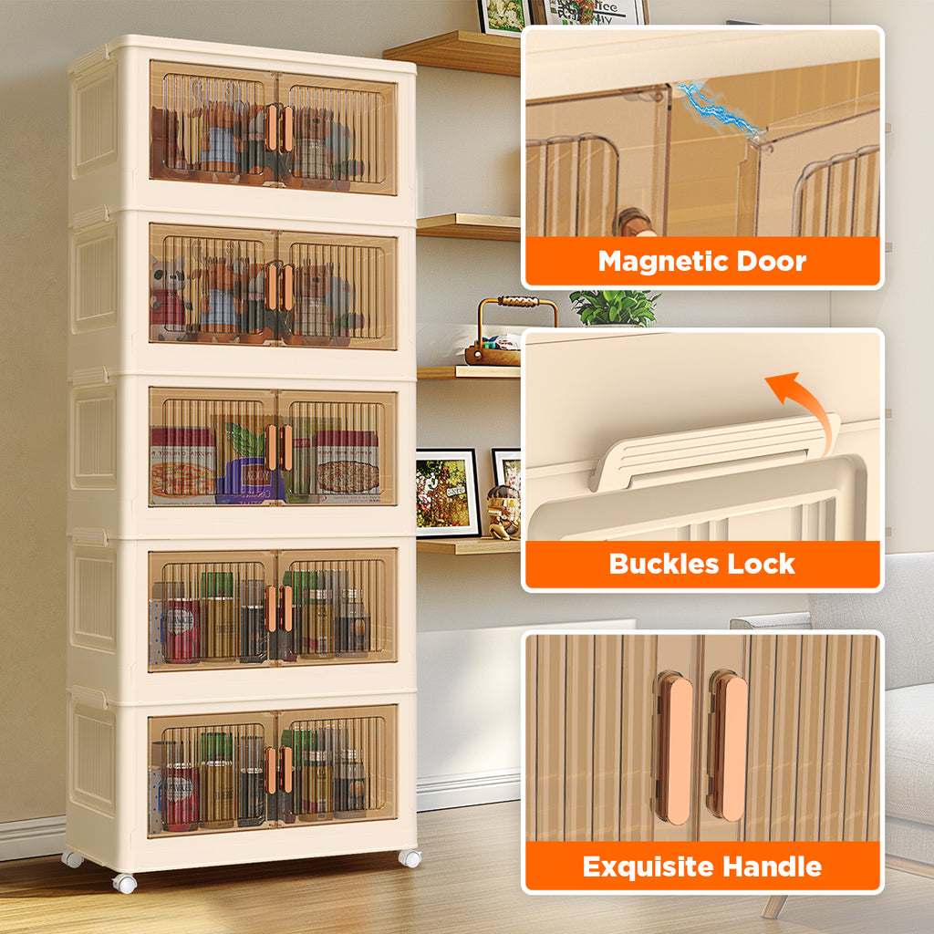 TNTANTS 5 Tiers Stackable Storage Bins with Lids and Wheels, Magnetic Dual Open Collapsible Storage Container, 235QT Folding Storage Box Bins for Closet Organizers, Home and Office, Beige