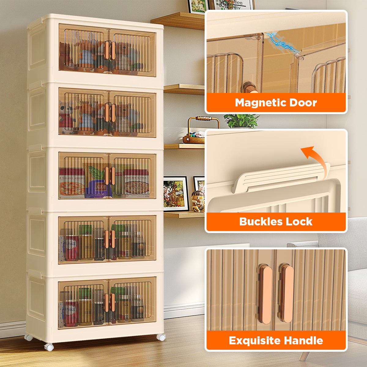 TNTANTS 5 Tiers Stackable Storage Bins with Lids and Wheels, Magnetic Dual Open Collapsible Storage Container, 235QT Folding Storage Box Bins for Closet Organizers, Home and Office, Beige