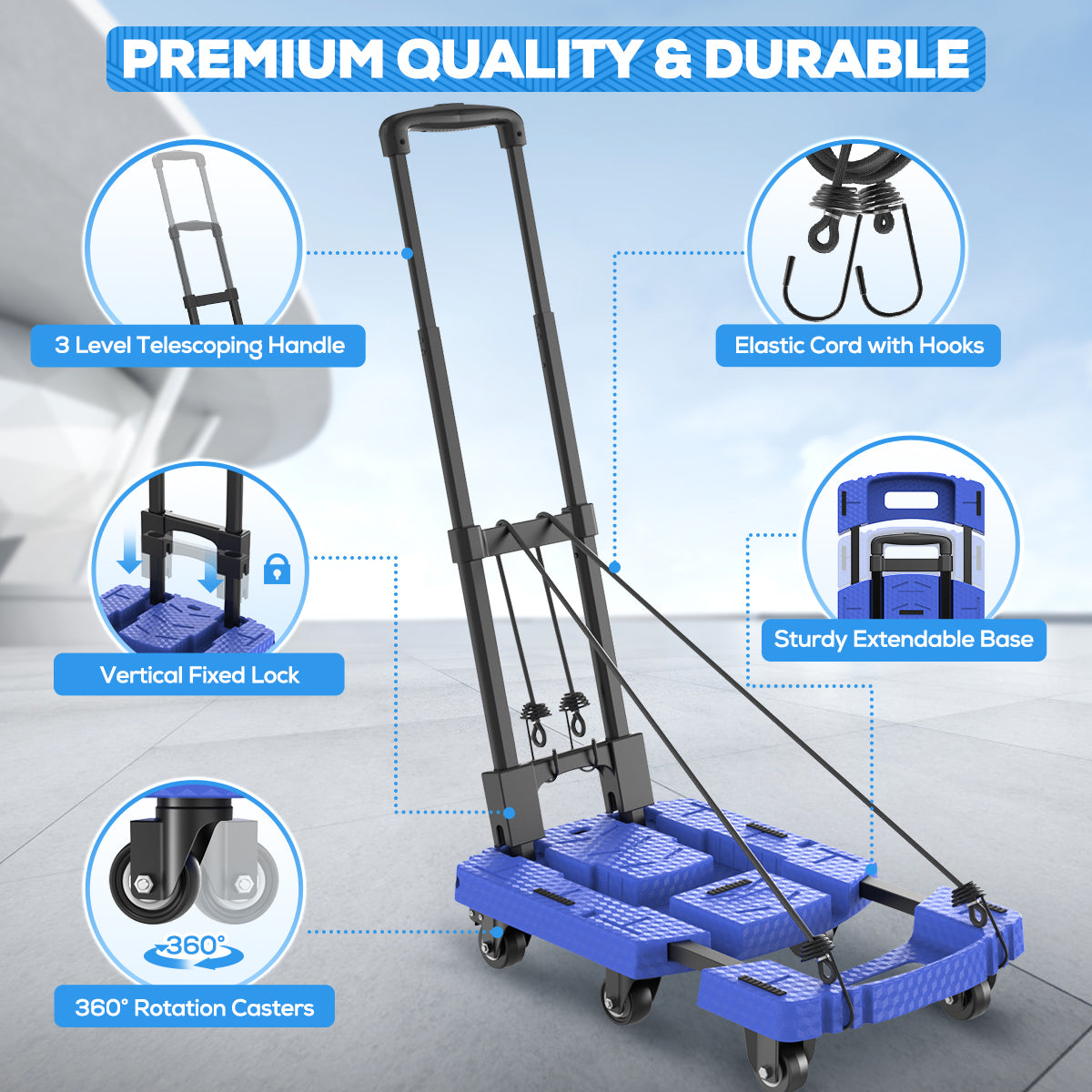 TNTANTS Hand Truck, 500 LB Heavy Duty Portable Dolly, Folding Dolly Cart with 6 Wheels & 3 Elastic Ropes for Luggage, Travel, Moving, Shopping, Office Use, Blue