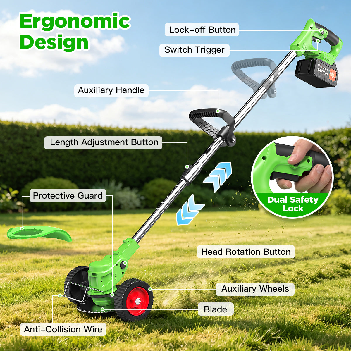 TNTANTS Weed Wacker Cordless, 3-in-1 Lightweight Electric String Trimmer with 3 Types of Blades, Wheels, 24V Battery, Weed Eater Grass Trimmer/Edger/Brush Cutter for Lawn Yard Garden (Green)