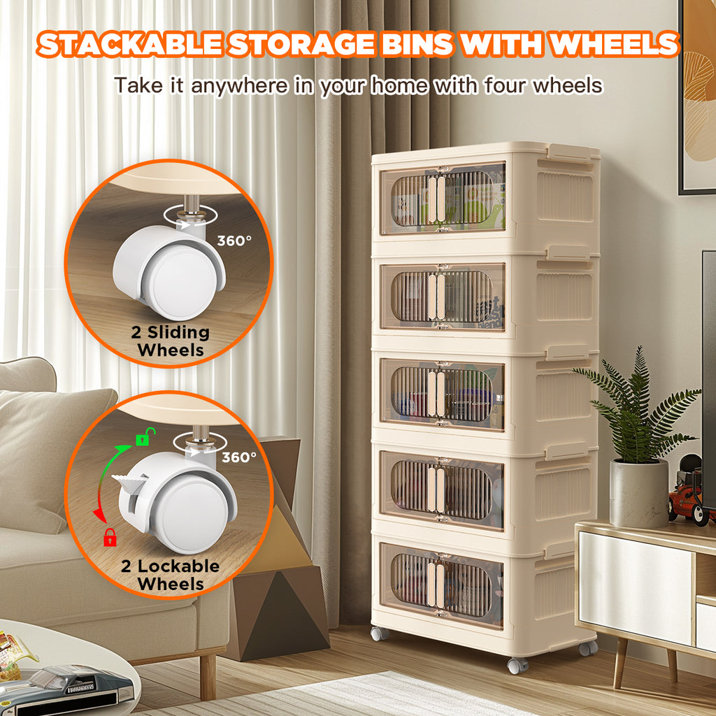 TNTANTS 5 Tiers Stackable Storage Bins with Wheels, Magnetic Dual Open Collapsible Storage Container with Lids, 125QT Folding Storage Box Bins for Closet Organizers, Home and Office, Beige