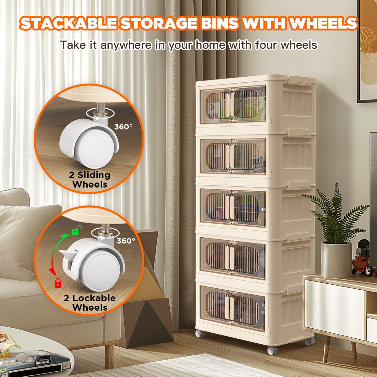 TNTANTS 5 Tiers Stackable Storage Bins with Wheels, Magnetic Dual Open Collapsible Storage Container with Lids, 125QT Folding Storage Box Bins for Closet Organizers, Home and Office, Beige