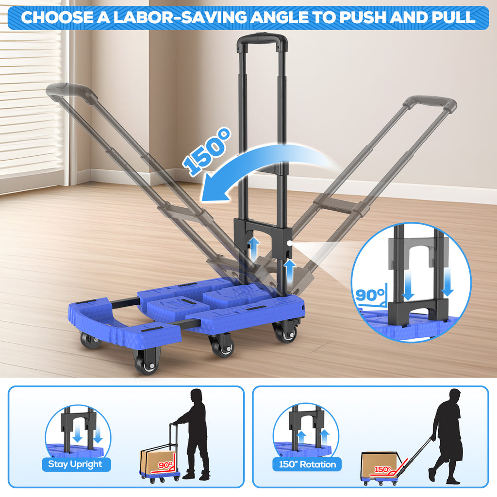 TNTANTS Hand Truck, 500 LB Heavy Duty Portable Dolly, Folding Dolly Cart with 6 Wheels & 3 Elastic Ropes for Luggage, Travel, Moving, Shopping, Office Use, Blue