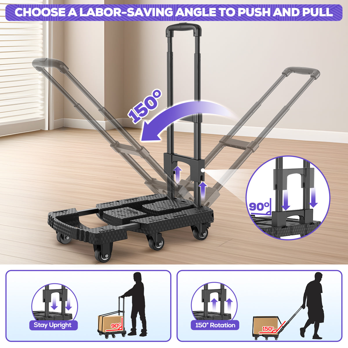 TNTANTS Hand Truck, 500 LB Heavy Duty Portable Dolly, Folding Dolly Cart with 6 Wheels & 3 Elastic Ropes for Luggage, Travel, Moving, Shopping, Office Use, Black