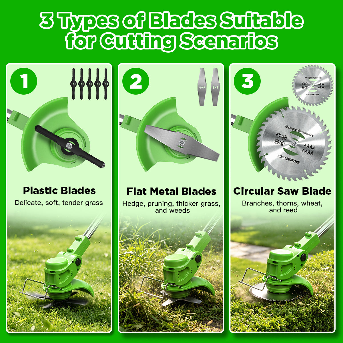TNTANTS Weed Wacker Cordless, 3-in-1 Lightweight Electric String Trimmer with 3 Types of Blades, Wheels, 24V Battery, Weed Eater Grass Trimmer/Edger/Brush Cutter for Lawn Yard Garden (Green)