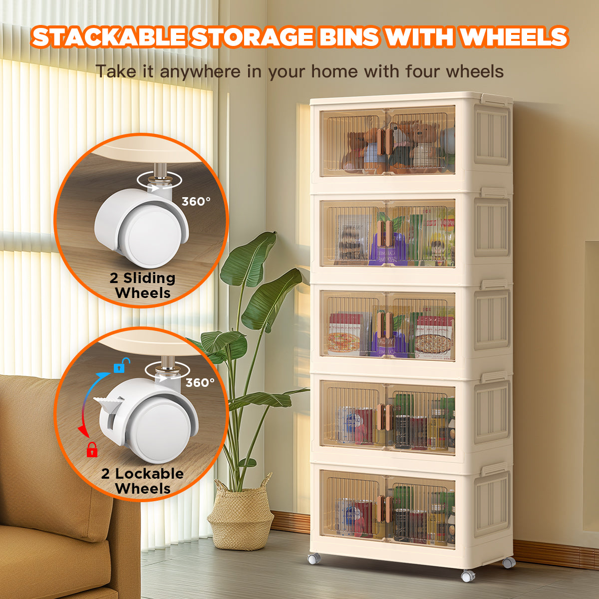 TNTANTS 5 Tiers Stackable Storage Bins with Lids and Wheels, Magnetic Dual Open Collapsible Storage Container, 235QT Folding Storage Box Bins for Closet Organizers, Home and Office, Beige