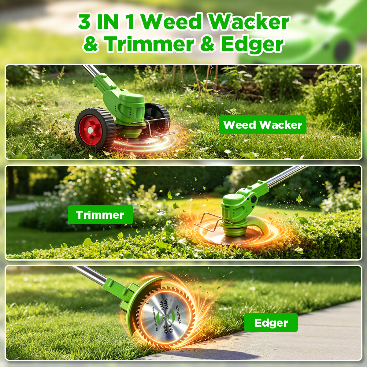 TNTANTS Weed Wacker Cordless, 3-in-1 Lightweight Electric String Trimmer with 3 Types of Blades, Wheels, 24V Battery, Weed Eater Grass Trimmer/Edger/Brush Cutter for Lawn Yard Garden (Green)