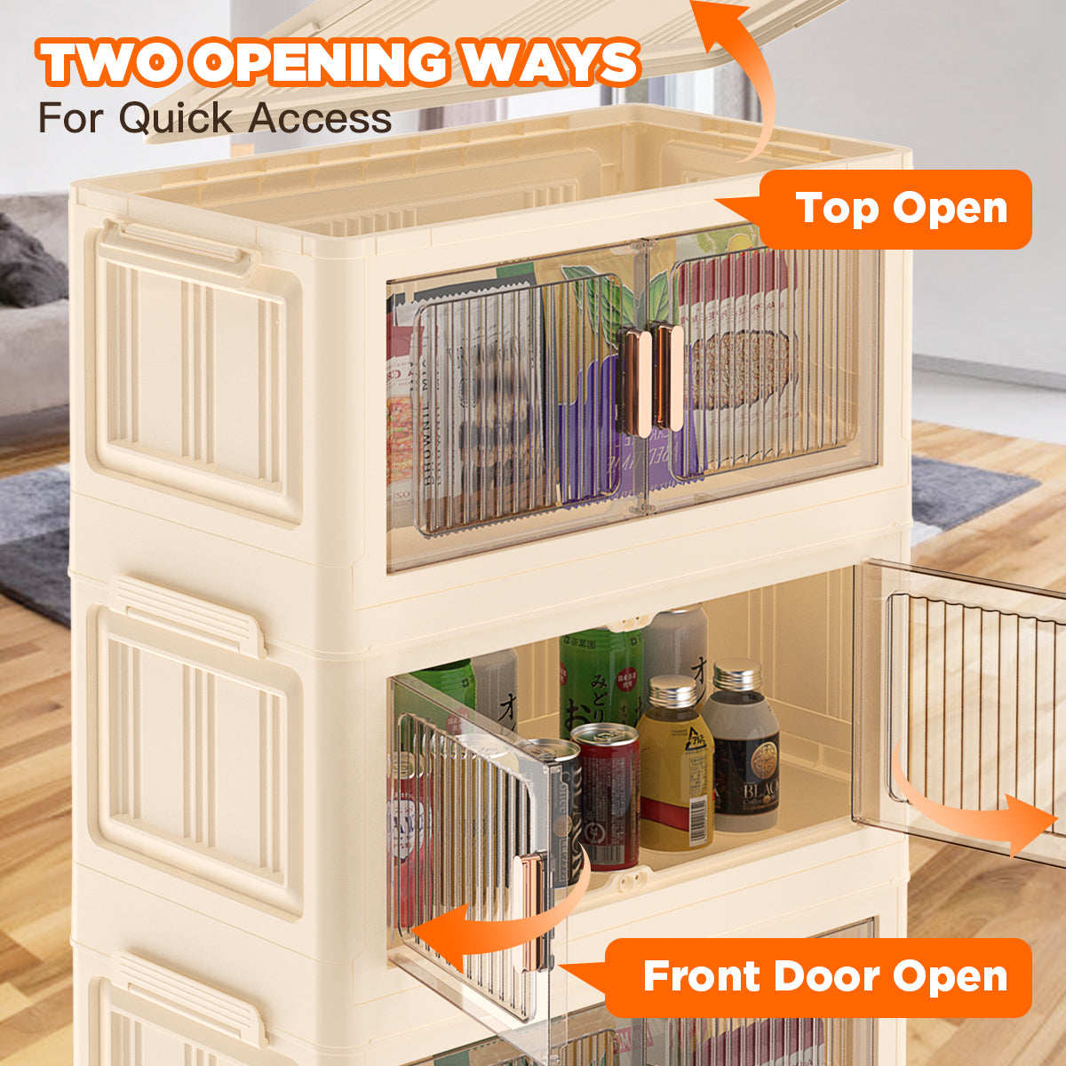 TNTANTS 5 Tiers Stackable Storage Bins with Lids and Wheels, Magnetic Dual Open Collapsible Storage Container, 235QT Folding Storage Box Bins for Closet Organizers, Home and Office, Beige