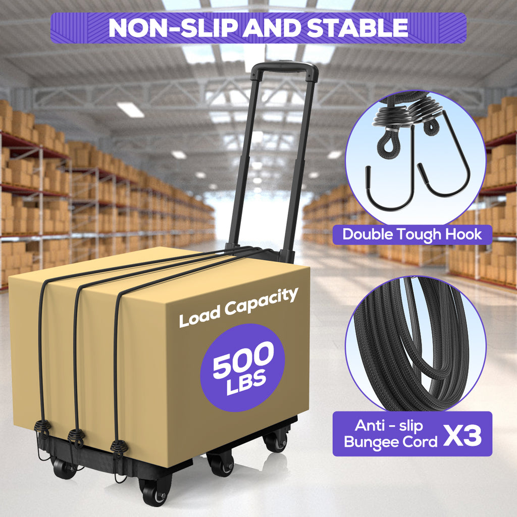 TNTANTS Hand Truck, 500 LB Heavy Duty Portable Dolly, Folding Dolly Cart with 6 Wheels & 3 Elastic Ropes for Luggage, Travel, Moving, Shopping, Office Use, Black