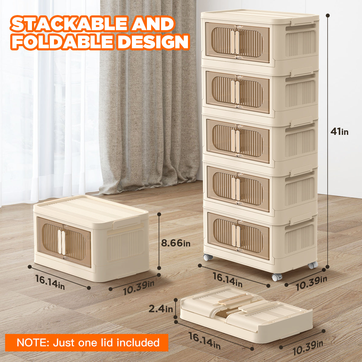 TNTANTS 5 Tiers Stackable Storage Bins with Wheels, Magnetic Dual Open Collapsible Storage Container with Lids, 125QT Folding Storage Box Bins for Closet Organizers, Home and Office, Beige