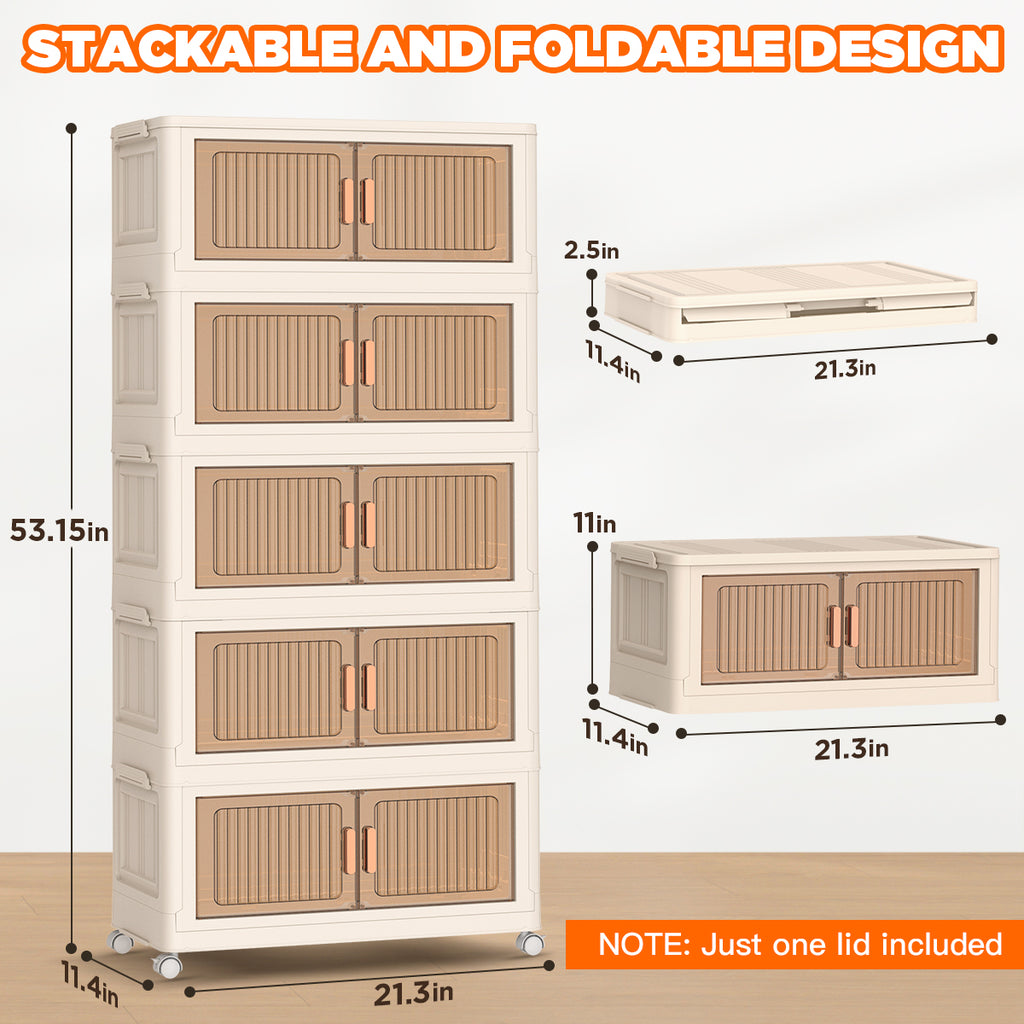 TNTANTS 5 Tiers Stackable Storage Bins with Lids and Wheels, Magnetic Dual Open Collapsible Storage Container, 235QT Folding Storage Box Bins for Closet Organizers, Home and Office, Beige