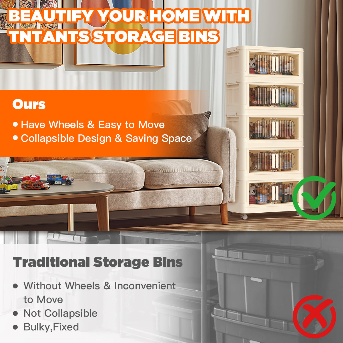TNTANTS 5 Tiers Stackable Storage Bins with Wheels, Magnetic Dual Open Collapsible Storage Container with Lids, 125QT Folding Storage Box Bins for Closet Organizers, Home and Office, Beige