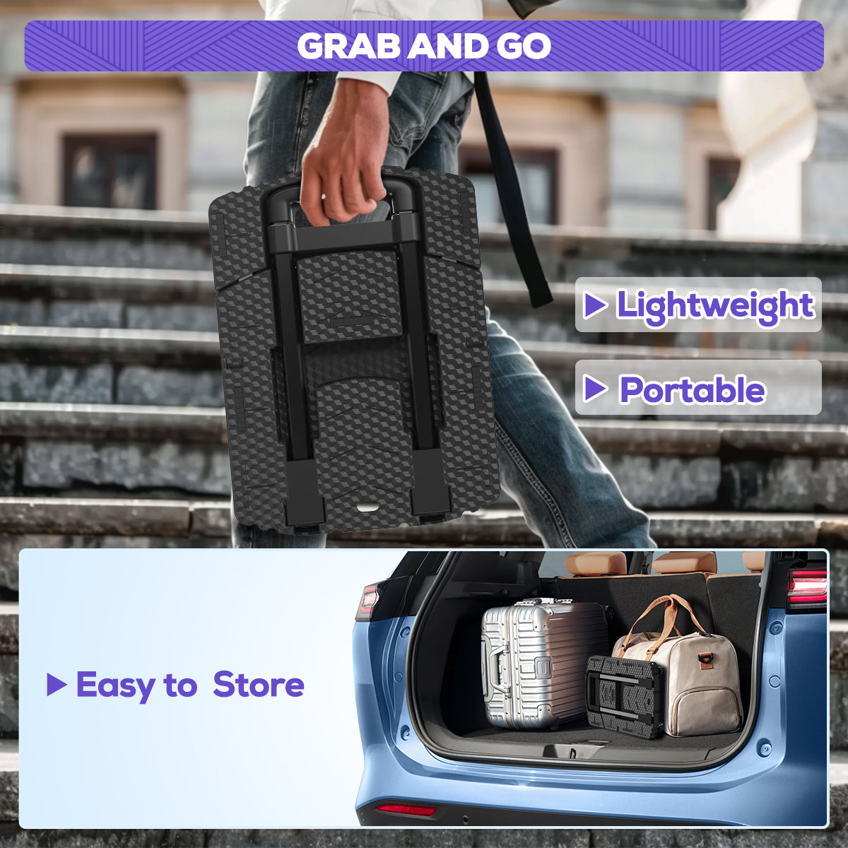 TNTANTS Hand Truck, 500 LB Heavy Duty Portable Dolly, Folding Dolly Cart with 6 Wheels & 3 Elastic Ropes for Luggage, Travel, Moving, Shopping, Office Use, Black