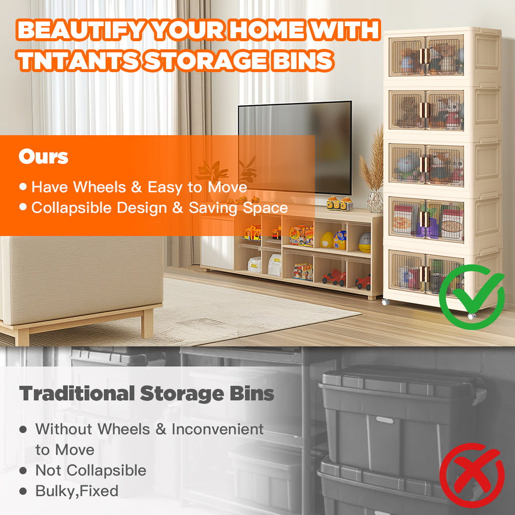 TNTANTS 5 Tiers Stackable Storage Bins with Lids and Wheels, Magnetic Dual Open Collapsible Storage Container, 235QT Folding Storage Box Bins for Closet Organizers, Home and Office, Beige