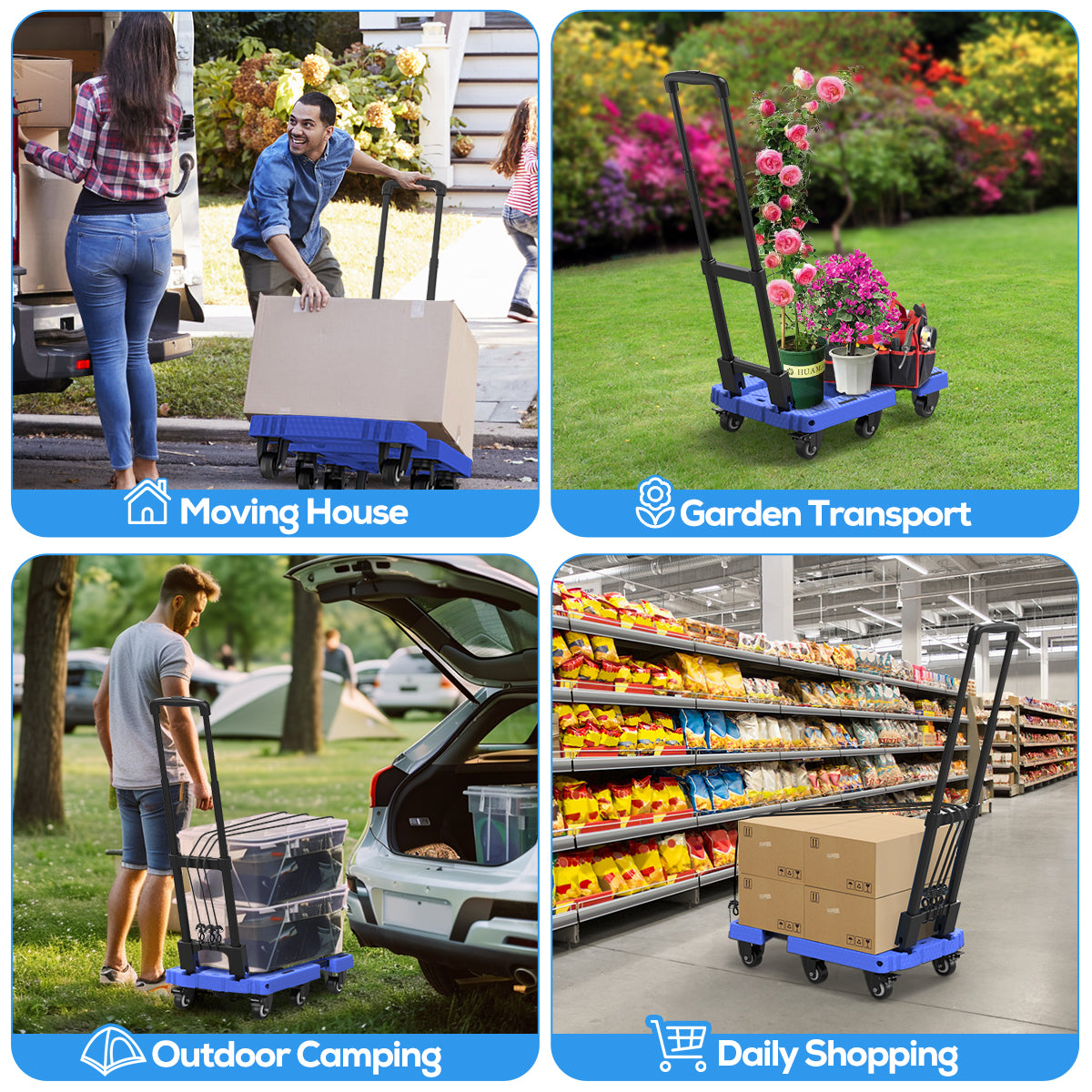 TNTANTS Hand Truck, 500 LB Heavy Duty Portable Dolly, Folding Dolly Cart with 6 Wheels & 3 Elastic Ropes for Luggage, Travel, Moving, Shopping, Office Use, Blue