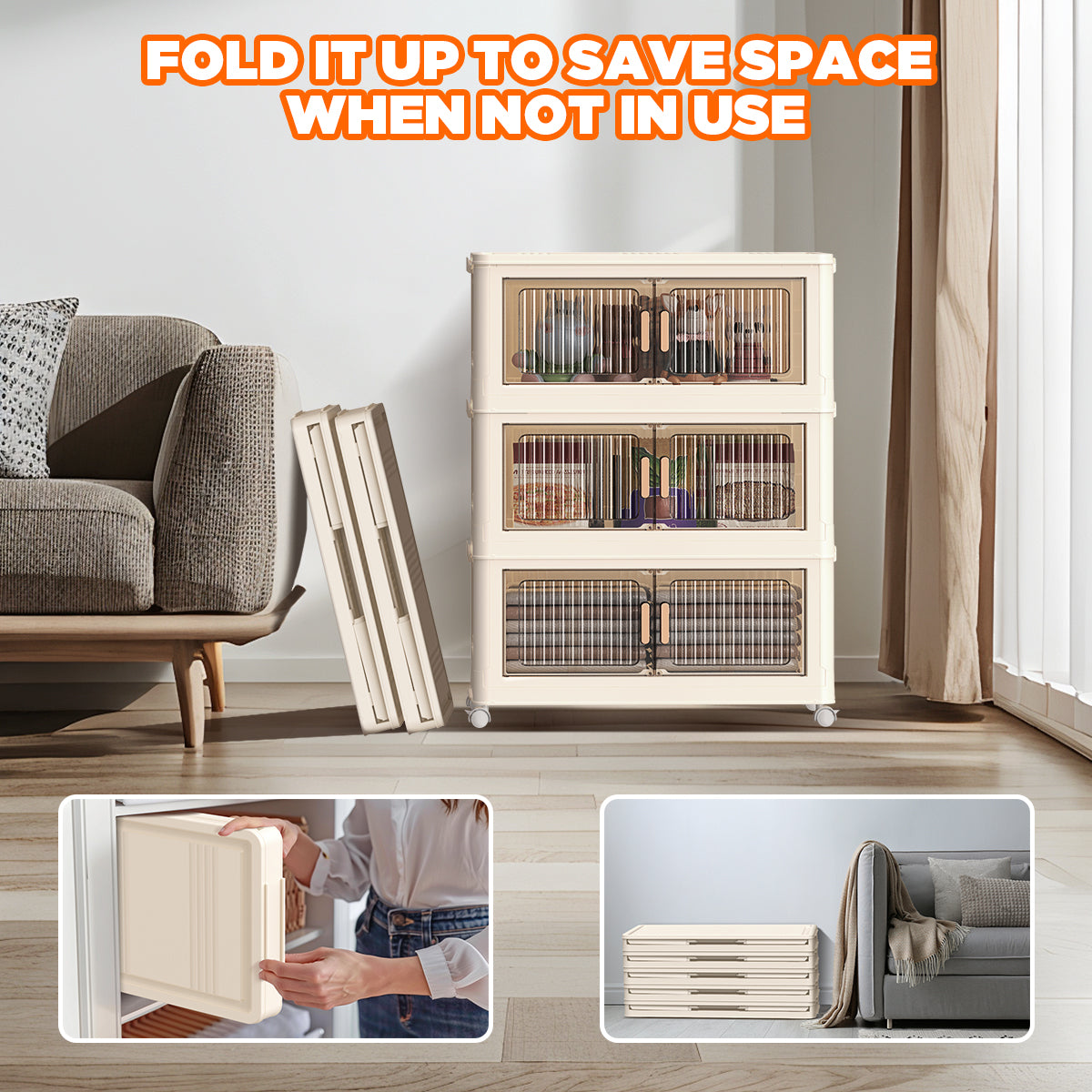 TNTANTS 5 Tiers Stackable Storage Bins with Lids and Wheels, Magnetic Dual Open Collapsible Storage Container, 235QT Folding Storage Box Bins for Closet Organizers, Home and Office, Beige