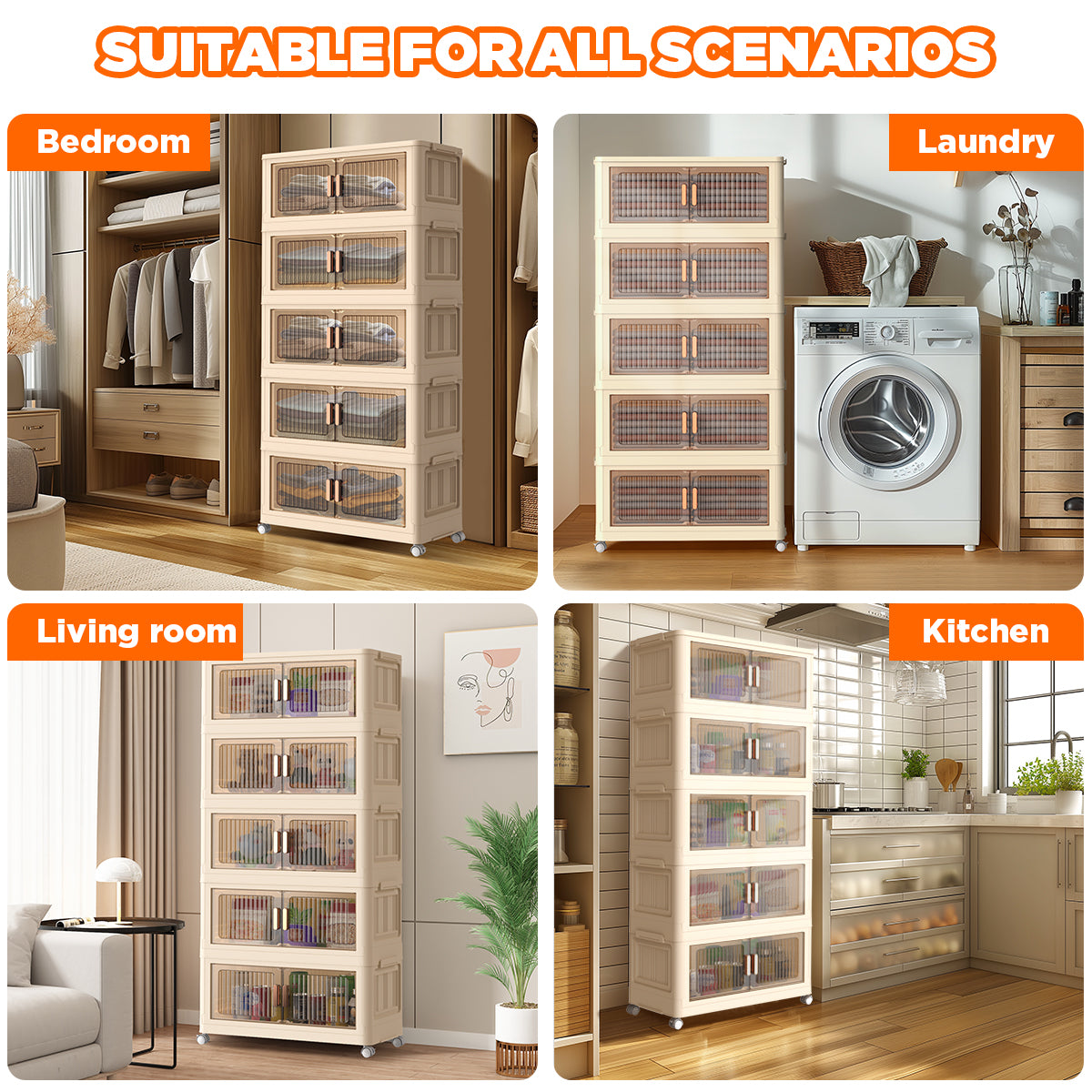 TNTANTS 5 Tiers Stackable Storage Bins with Lids and Wheels, Magnetic Dual Open Collapsible Storage Container, 235QT Folding Storage Box Bins for Closet Organizers, Home and Office, Beige