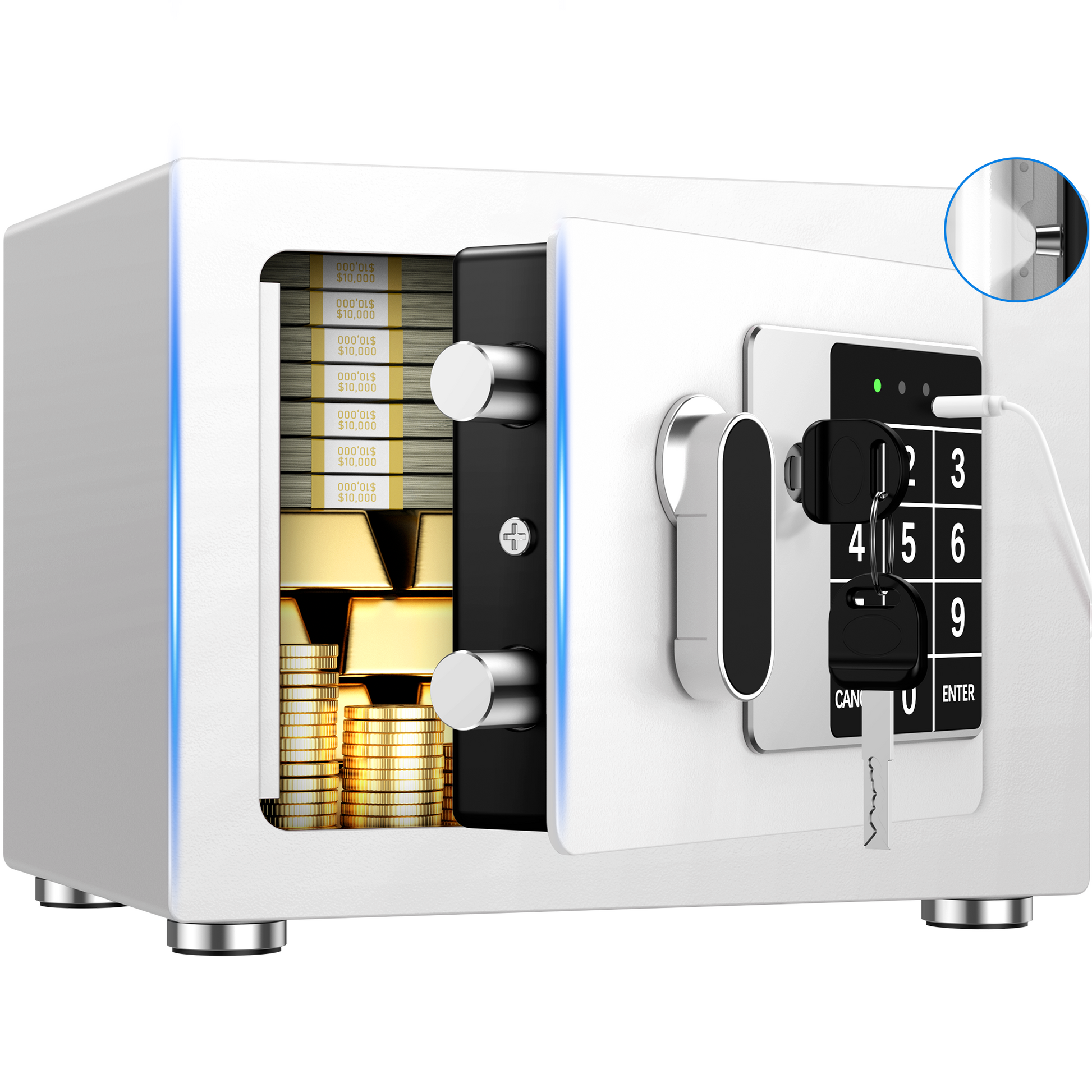 SYSENFO Electronic Digital Safe Box, 0.25 Cubic Feet Home Security Box for Office Hotel Business, Lock Box with Key Keypad for Cash Jewelry White
