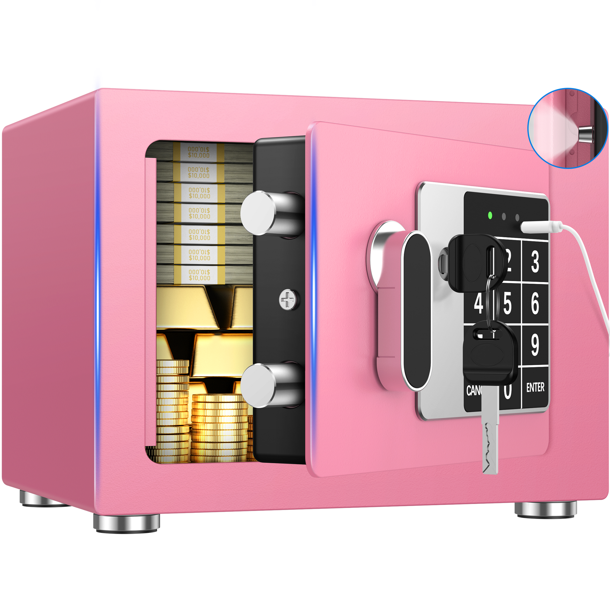 SYSENFO Electronic Digital Safe Box, 0.25 Cubic Feet Home Security Box for Office Hotel Business, Lock Box with Key Keypad for Cash Jewelry Pink