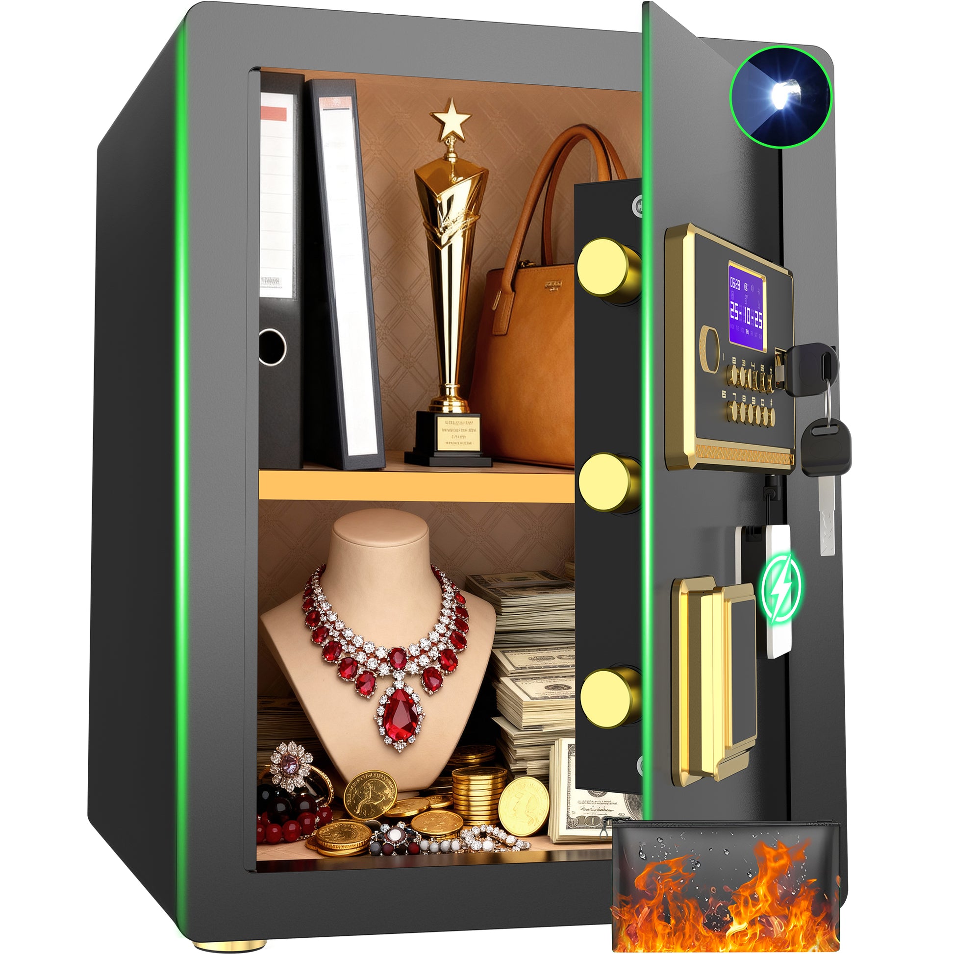 RYCUZO 3.0 Cuft Large Security Safe Box, Digital Keypad Lock, Built-in Alarm System & Fireproof Waterproof Bag, Home & Office Safe for Cash, Valuables (Black)