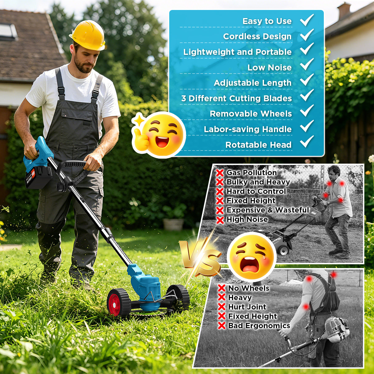 TNTANTS Weed Wacker Cordless, 3-in-1 Lightweight Electric String Trimmer with 3 Types of Blades, Wheels, 24V Battery, Weed Eater Grass Trimmer/Edger/Brush Cutter for Lawn Yard Garden (Blue)