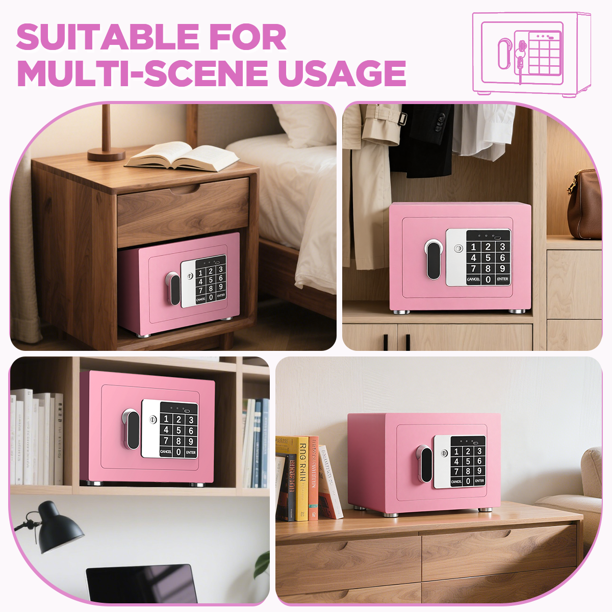 SYSENFO Electronic Digital Safe Box, 0.25 Cubic Feet Home Security Box for Office Hotel Business, Lock Box with Key Keypad for Cash Jewelry Pink