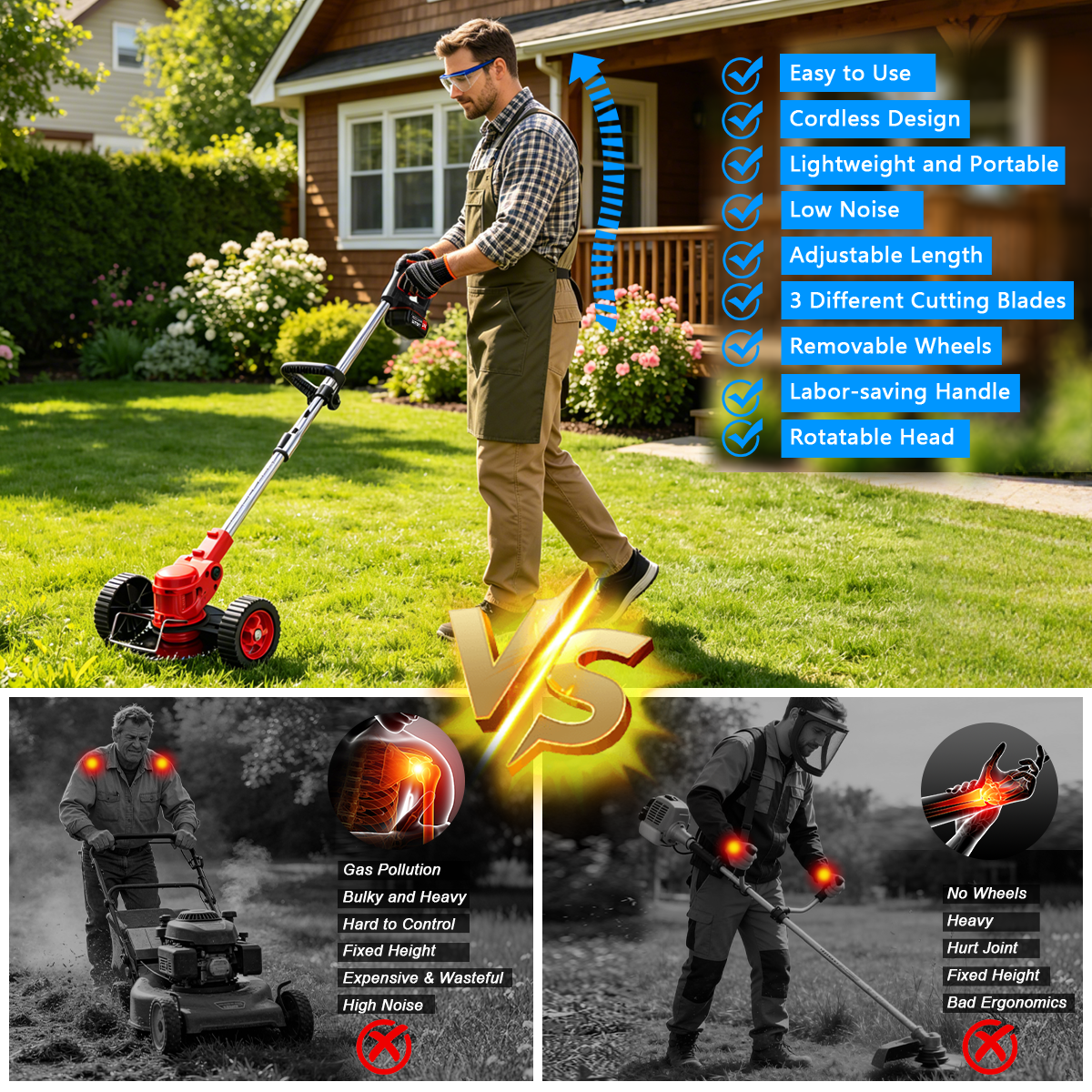 TNTANTS Electric Weed Wacker, Cordless String Trimmer with Wheels, 2Pcs 24V Batteries, 3 Types of Blades, Adjustable Length, Weed Eater Grass Trimmer/Edger/Brush Cutter for Lawn Yard Garden (Red)