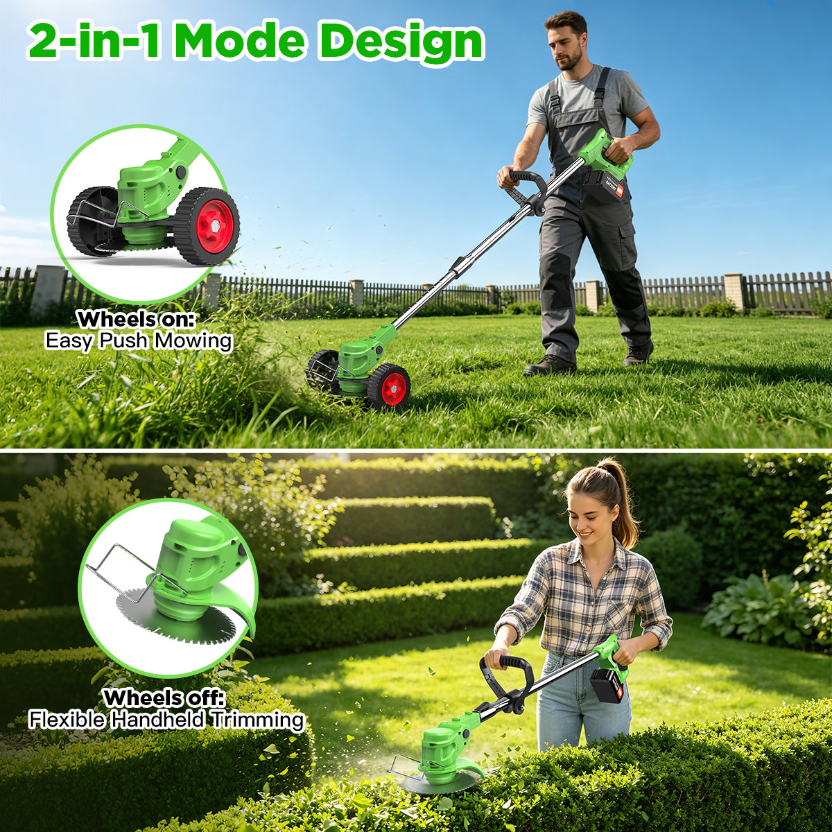 TNTANTS Weed Wacker Cordless, 3-in-1 Lightweight Electric String Trimmer with 3 Types of Blades, Wheels, 24V Battery, Weed Eater Grass Trimmer/Edger/Brush Cutter for Lawn Yard Garden (Green)