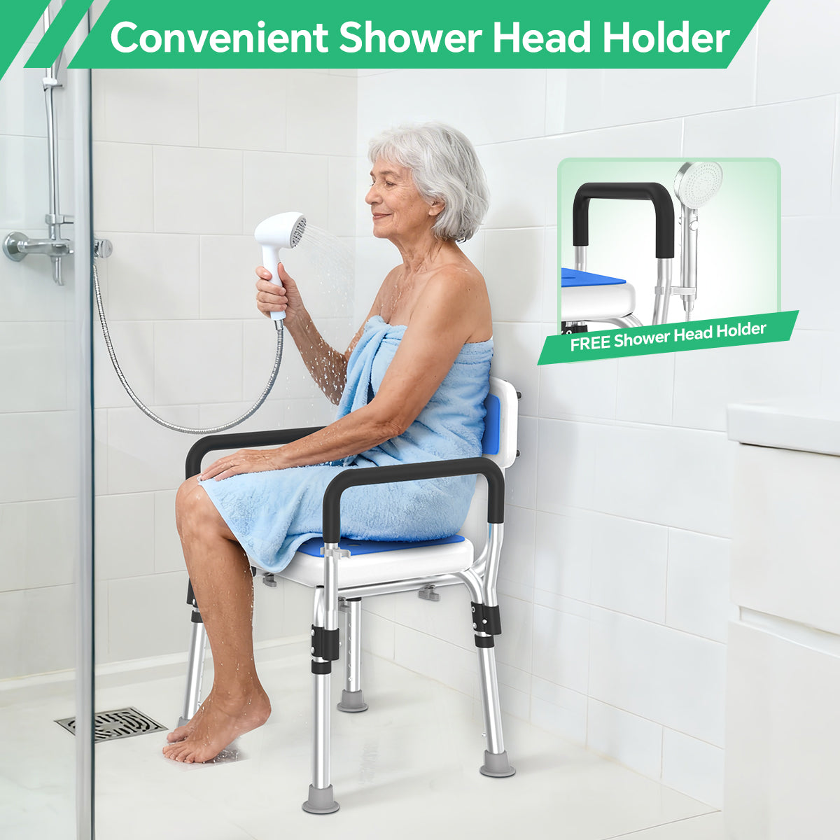 TNTANTS Shower Chair for Inside Shower with Armrests & Back, Upgraded Supports up to 350lbs Shower Seat with Padded and Grab Bar, Adjustable Height Shower Bench for Elderly Disabled