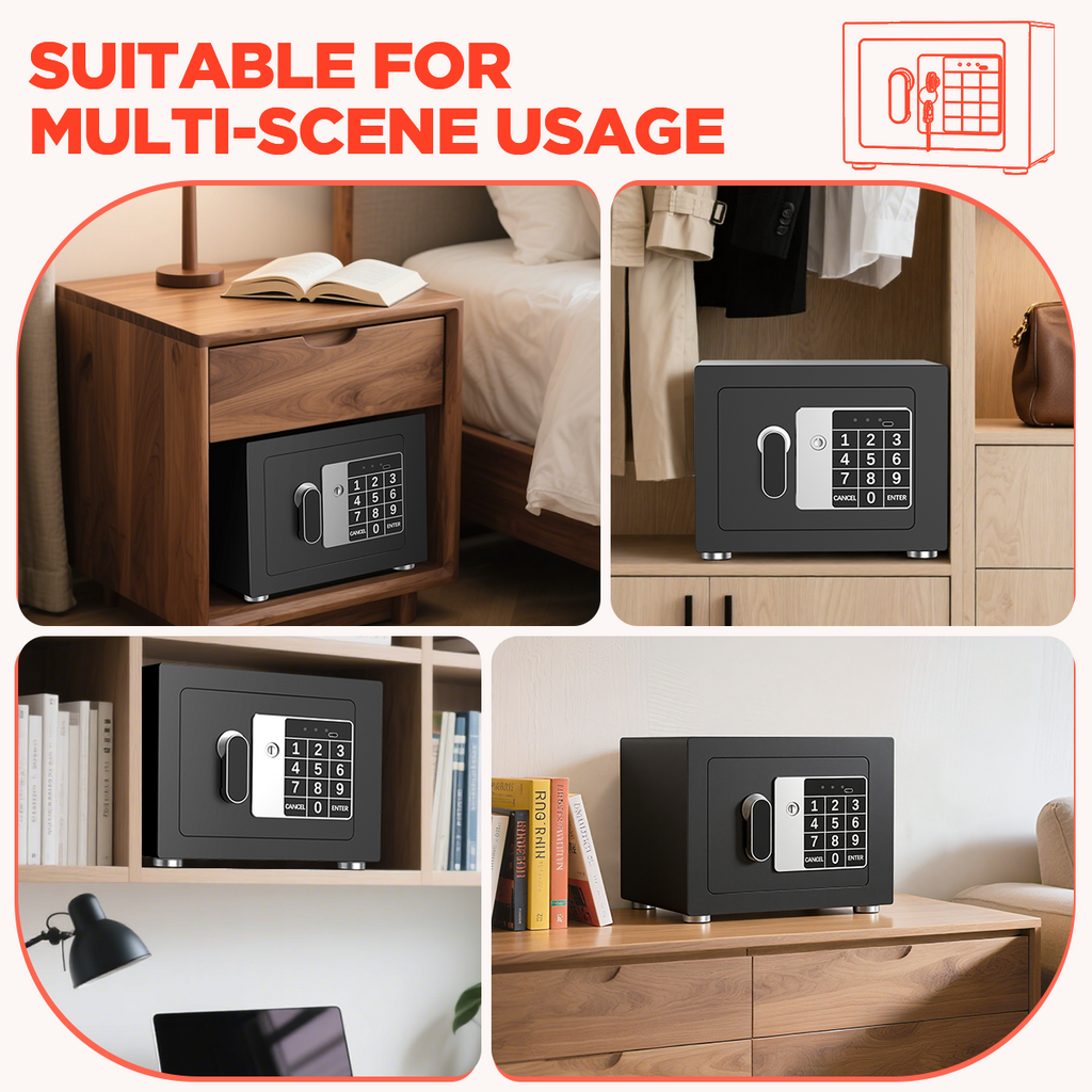 SYSENFO Electronic Digital Safe Box, 0.25 Cubic Feet Home Security Box for Office Hotel Business, Lock Box with Key Keypad for Cash Jewelry Black