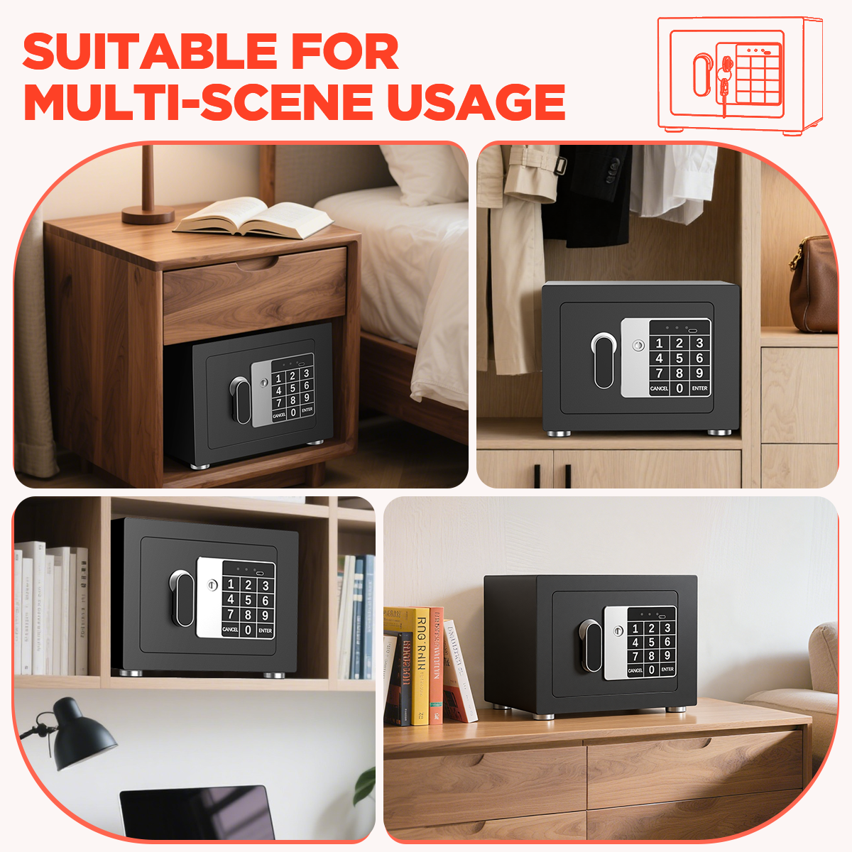 SYSENFO Electronic Digital Safe Box, 0.25 Cubic Feet Home Security Box for Office Hotel Business, Lock Box with Key Keypad for Cash Jewelry Black