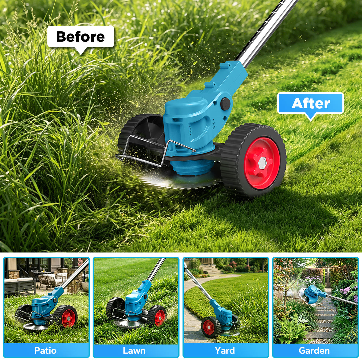 TNTANTS Weed Wacker Cordless, 3-in-1 Lightweight Electric String Trimmer with 3 Types of Blades, Wheels, 24V Battery, Weed Eater Grass Trimmer/Edger/Brush Cutter for Lawn Yard Garden (Blue)