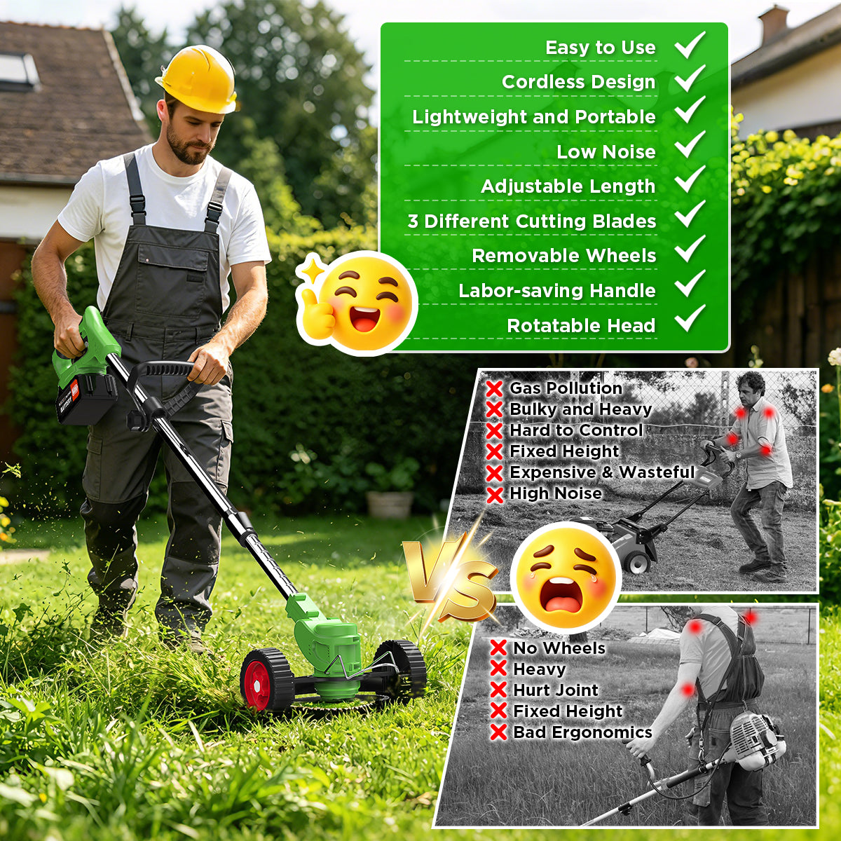 TNTANTS Weed Wacker Cordless, 3-in-1 Lightweight Electric String Trimmer with 3 Types of Blades, Wheels, 24V Battery, Weed Eater Grass Trimmer/Edger/Brush Cutter for Lawn Yard Garden (Green)