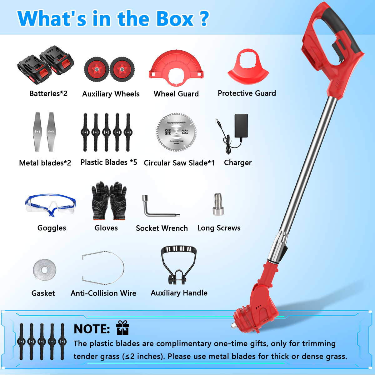TNTANTS Electric Weed Wacker, Cordless String Trimmer with Wheels, 2Pcs 24V Batteries, 3 Types of Blades, Adjustable Length, Weed Eater Grass Trimmer/Edger/Brush Cutter for Lawn Yard Garden (Red)