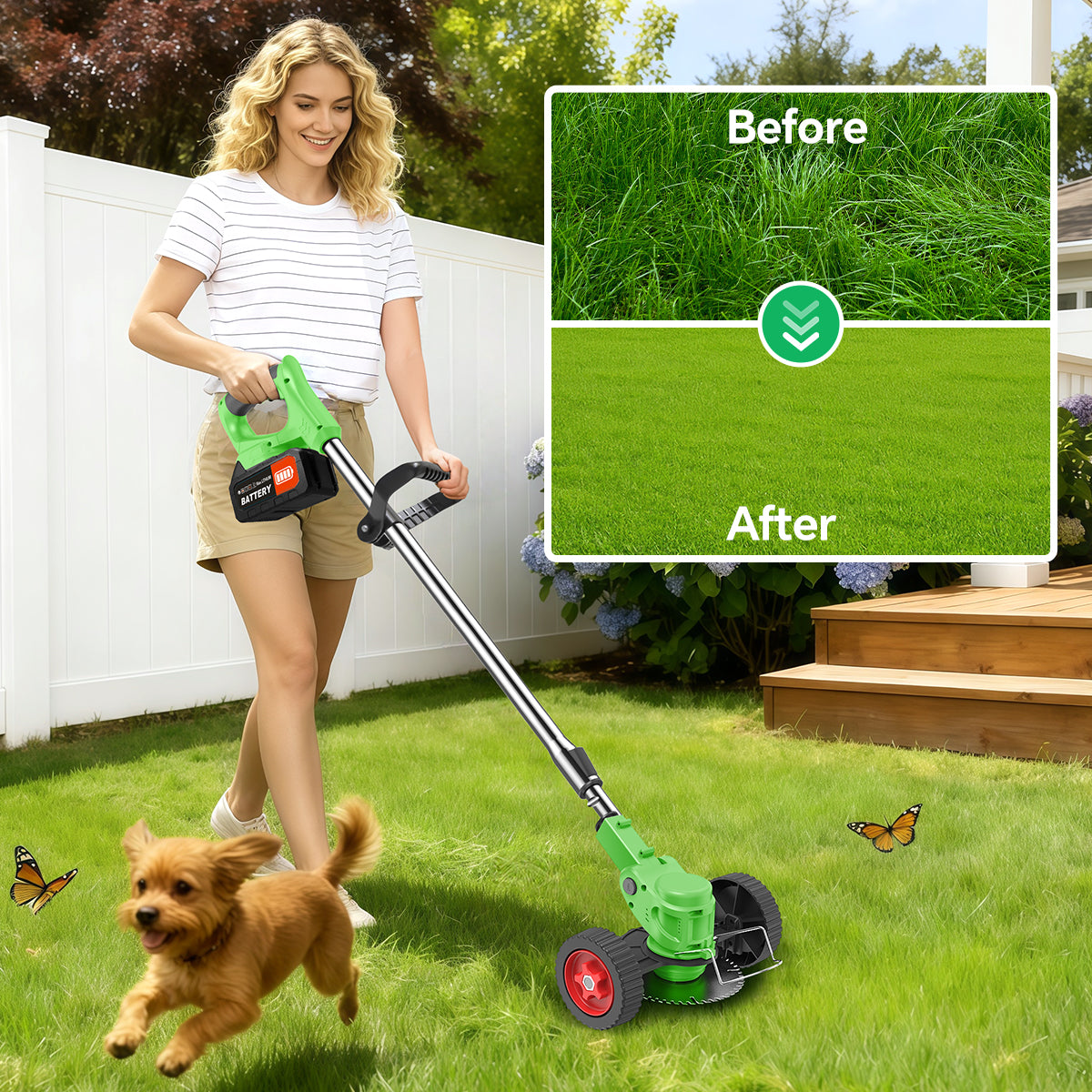 TNTANTS Weed Wacker Cordless, 3-in-1 Lightweight Electric String Trimmer with 3 Types of Blades, Wheels, 24V Battery, Weed Eater Grass Trimmer/Edger/Brush Cutter for Lawn Yard Garden (Green)