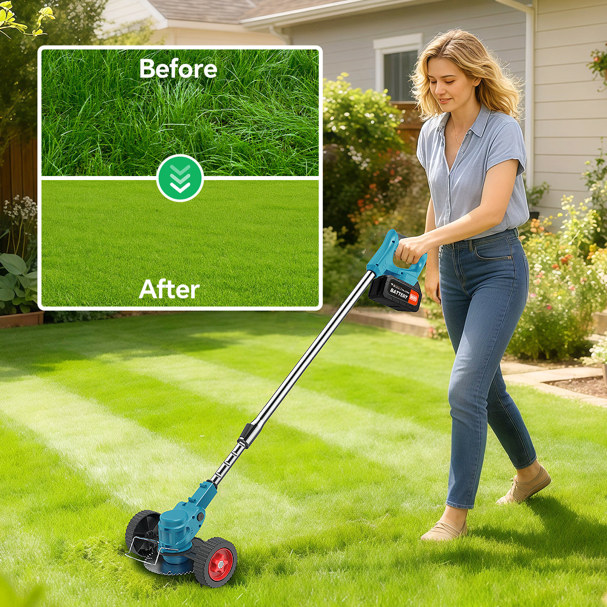 TNTANTS Weed Wacker Cordless, 3-in-1 Lightweight Electric String Trimmer with 3 Types of Blades, Wheels, 24V Battery, Weed Eater Grass Trimmer/Edger/Brush Cutter for Lawn Yard Garden (Blue)