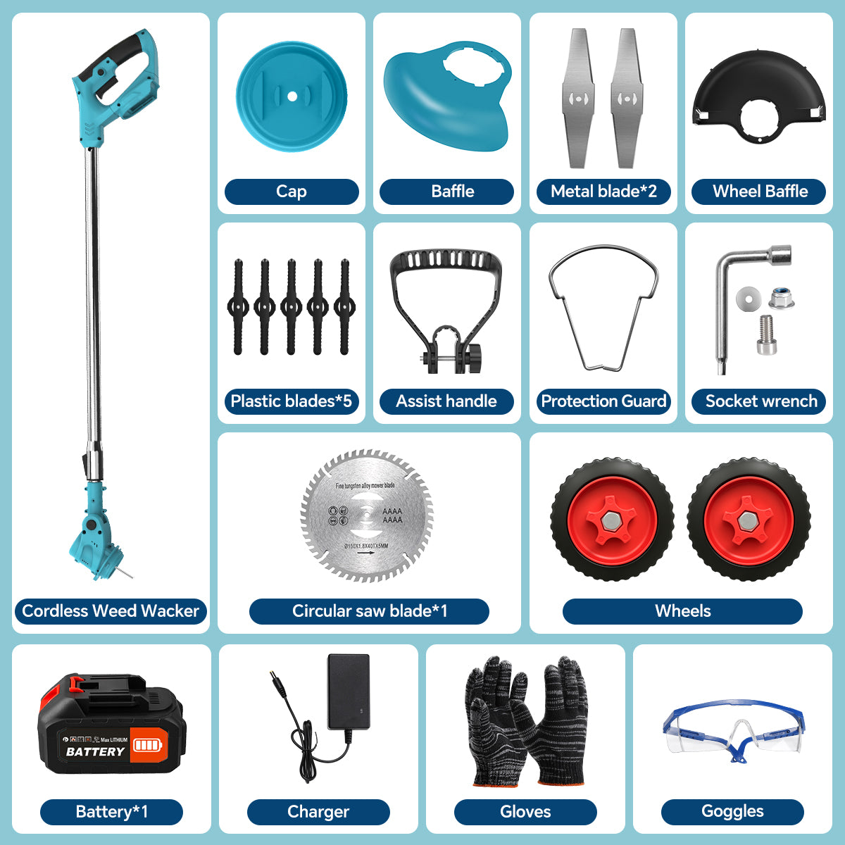 TNTANTS Weed Wacker Cordless, 3-in-1 Lightweight Electric String Trimmer with 3 Types of Blades, Wheels, 24V Battery, Weed Eater Grass Trimmer/Edger/Brush Cutter for Lawn Yard Garden (Blue)