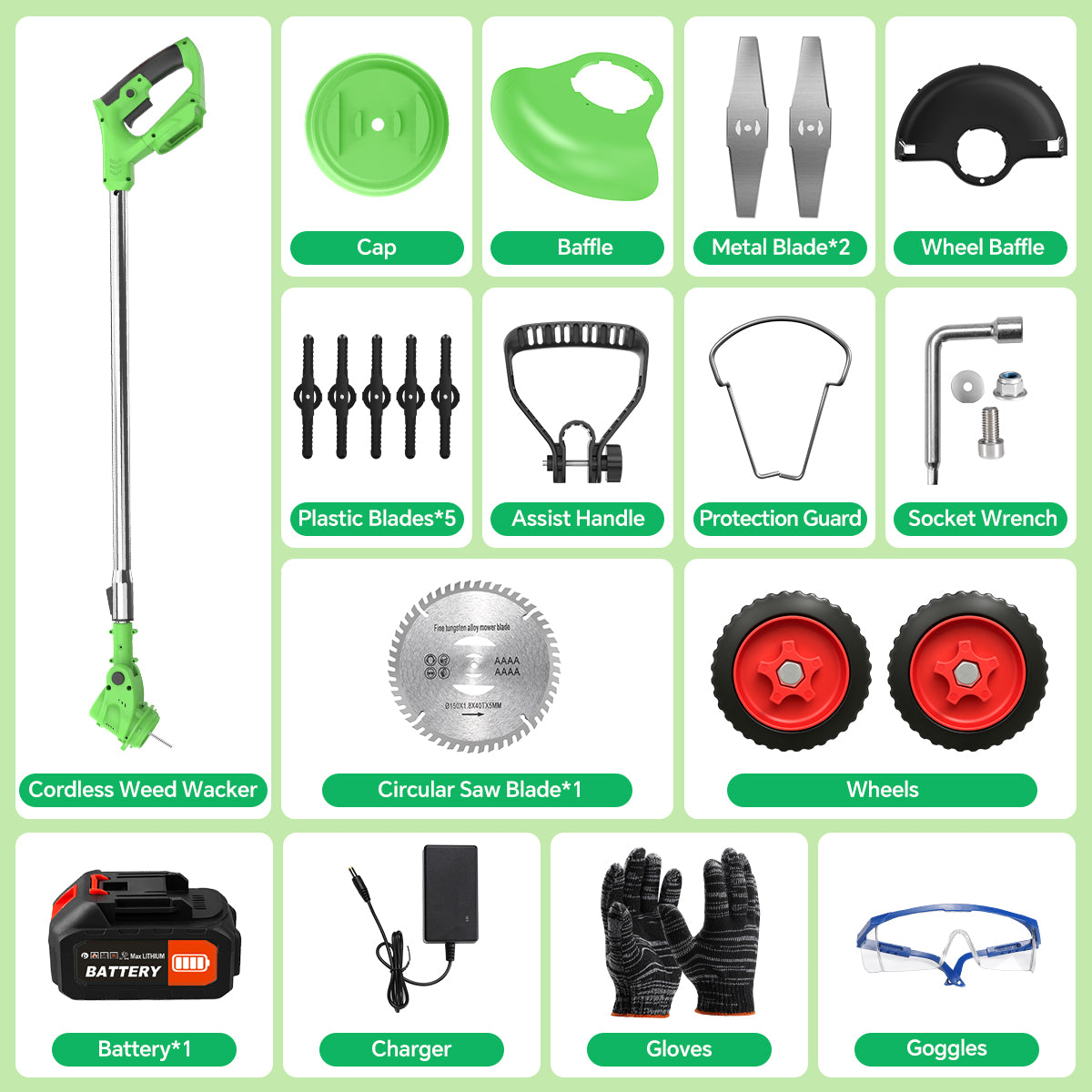 TNTANTS Weed Wacker Cordless, 3-in-1 Lightweight Electric String Trimmer with 3 Types of Blades, Wheels, 24V Battery, Weed Eater Grass Trimmer/Edger/Brush Cutter for Lawn Yard Garden (Green)