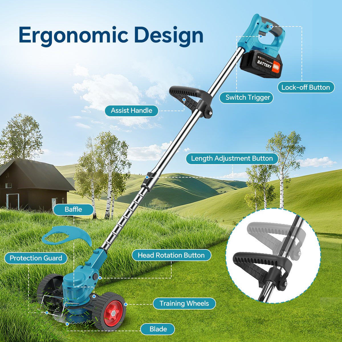 TNTANTS Weed Wacker Cordless, 3-in-1 Lightweight Electric String Trimmer with 3 Types of Blades, Wheels, 24V Battery, Weed Eater Grass Trimmer/Edger/Brush Cutter for Lawn Yard Garden (Blue)