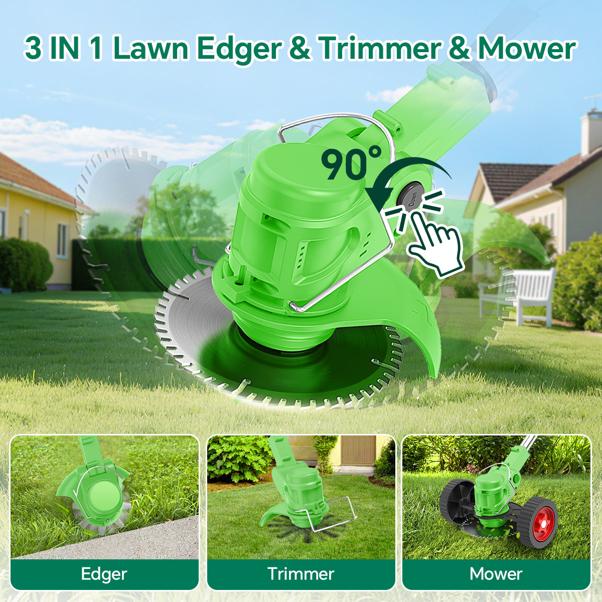 TNTANTS Weed Wacker Cordless, 3-in-1 Lightweight Electric String Trimmer with 3 Types of Blades, Wheels, 24V Battery, Weed Eater Grass Trimmer/Edger/Brush Cutter for Lawn Yard Garden (Green)