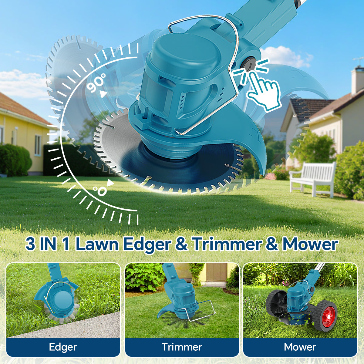 TNTANTS Weed Wacker Cordless, 3-in-1 Lightweight Electric String Trimmer with 3 Types of Blades, Wheels, 24V Battery, Weed Eater Grass Trimmer/Edger/Brush Cutter for Lawn Yard Garden (Blue)