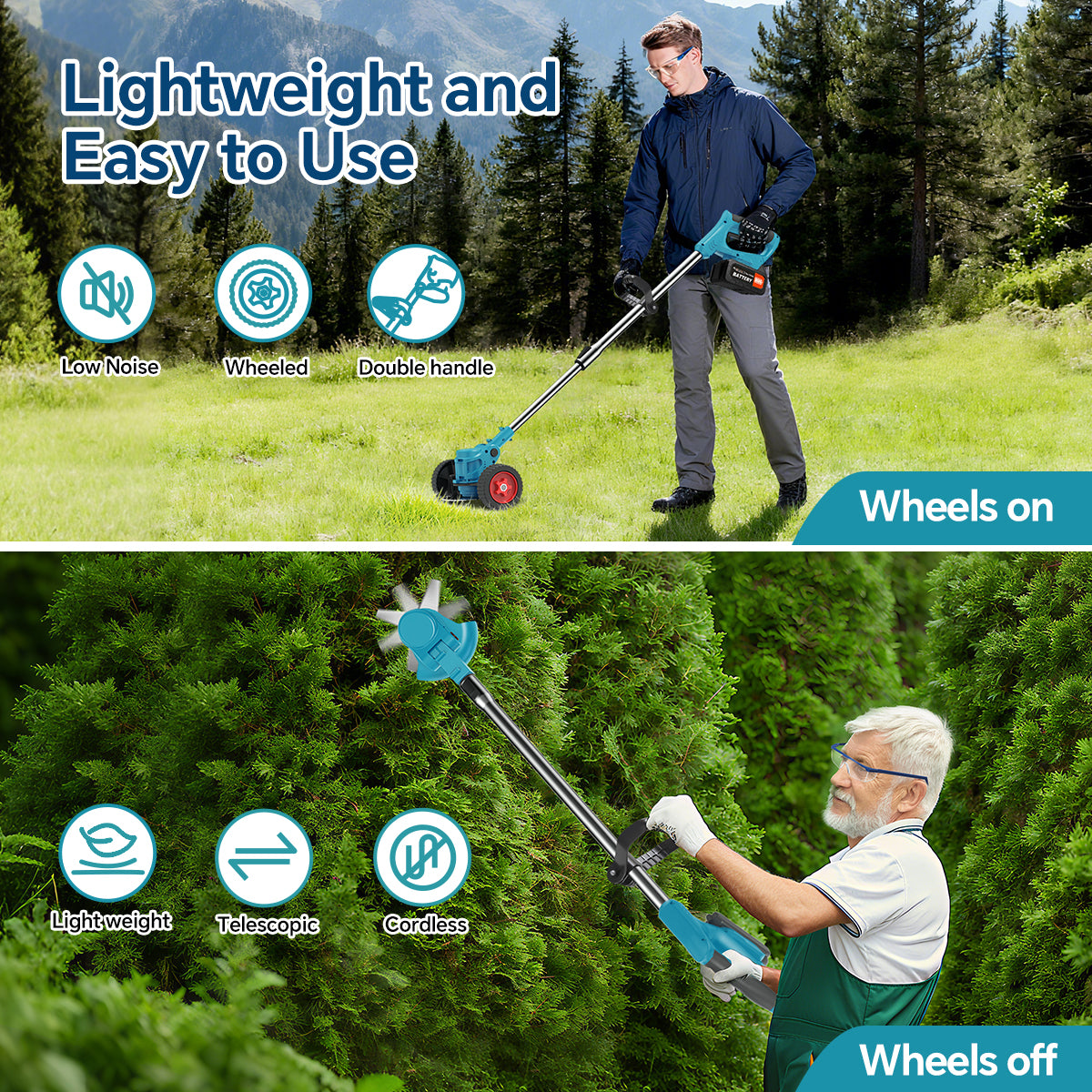 TNTANTS Weed Wacker Cordless, 3-in-1 Lightweight Electric String Trimmer with 3 Types of Blades, Wheels, 24V Battery, Weed Eater Grass Trimmer/Edger/Brush Cutter for Lawn Yard Garden (Blue)