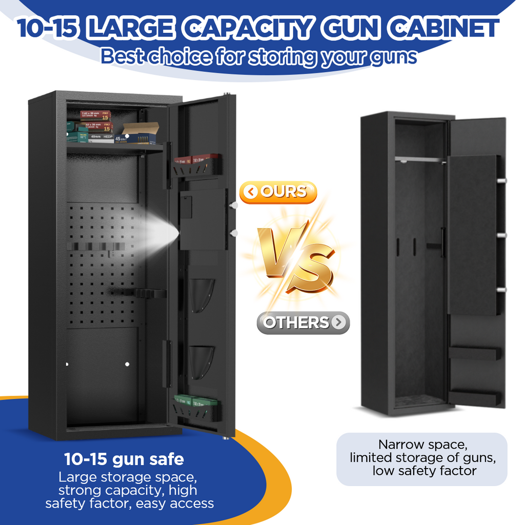 SYSENFO 12-15 Gun Cabinet, Quick Access Long Gun Safe for Home Rifles and Pistols, Large Unassembled Rifle Safe with Removable Shelves, Digital Keypad, Pegboard